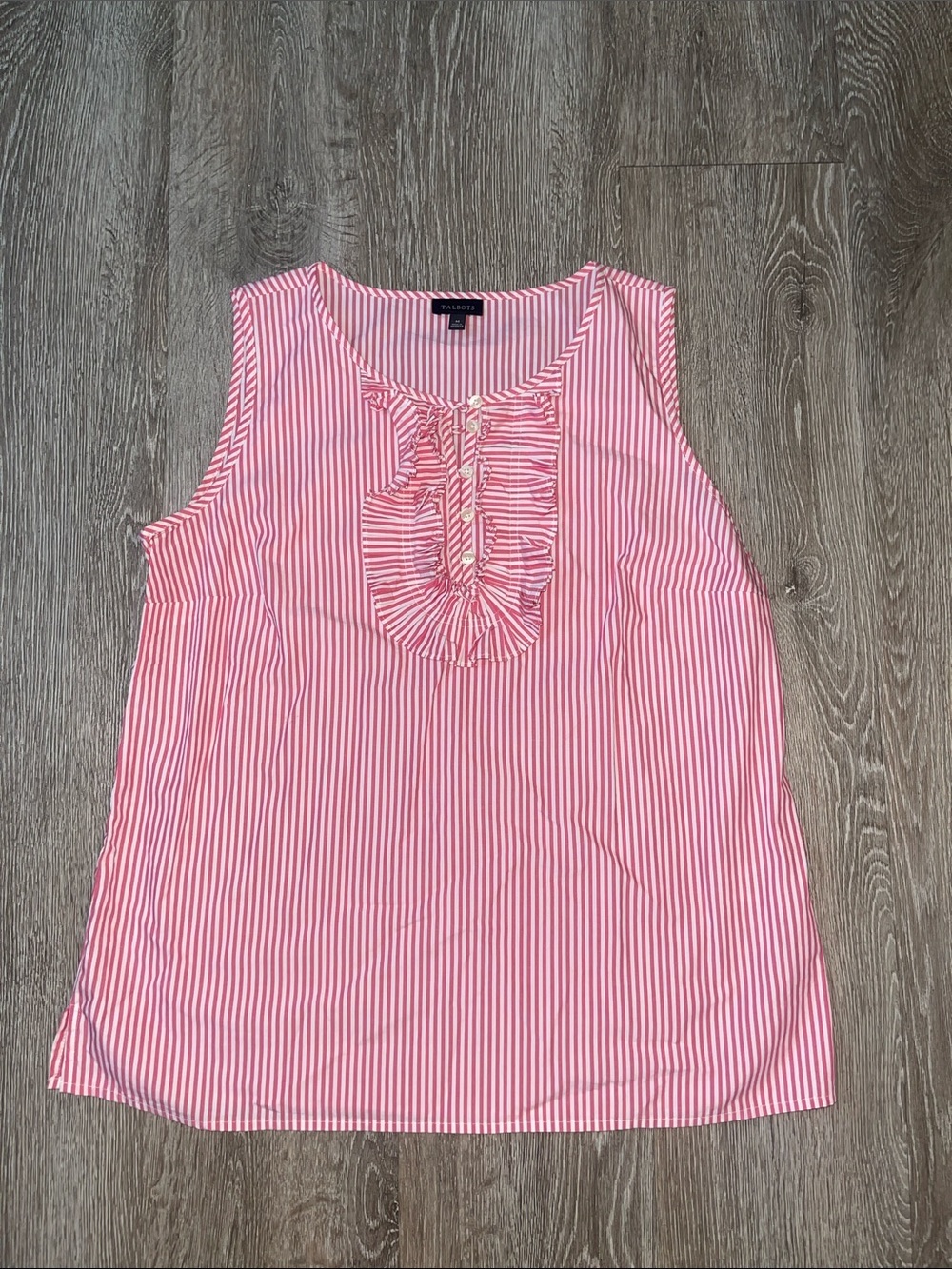 Talbots Pink and White Striped Sleeveless Ruffle Front Camisole tank top Henley